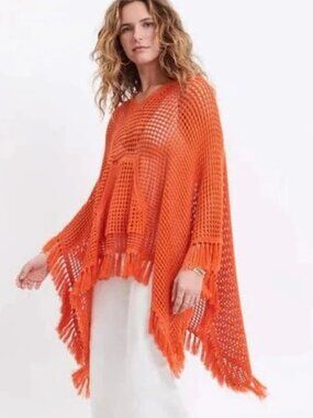 Mersea Playa Hoodie Poncho Crochet Fringe Orange One Size